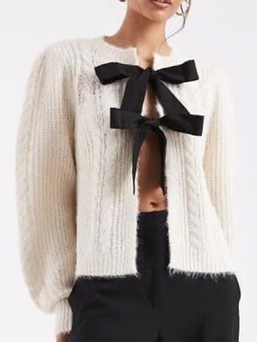 PIECES Bow Tie Cardigan Coquette Balletcore Soft Girl Cable Knit